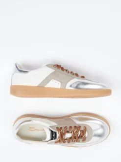 Damen Santoni – Sneaker aus Velours- und Metallicleder Off-White