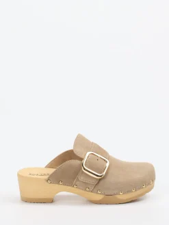 Damen Softclox – Clogs aus Veloursleder mit Holzsohle