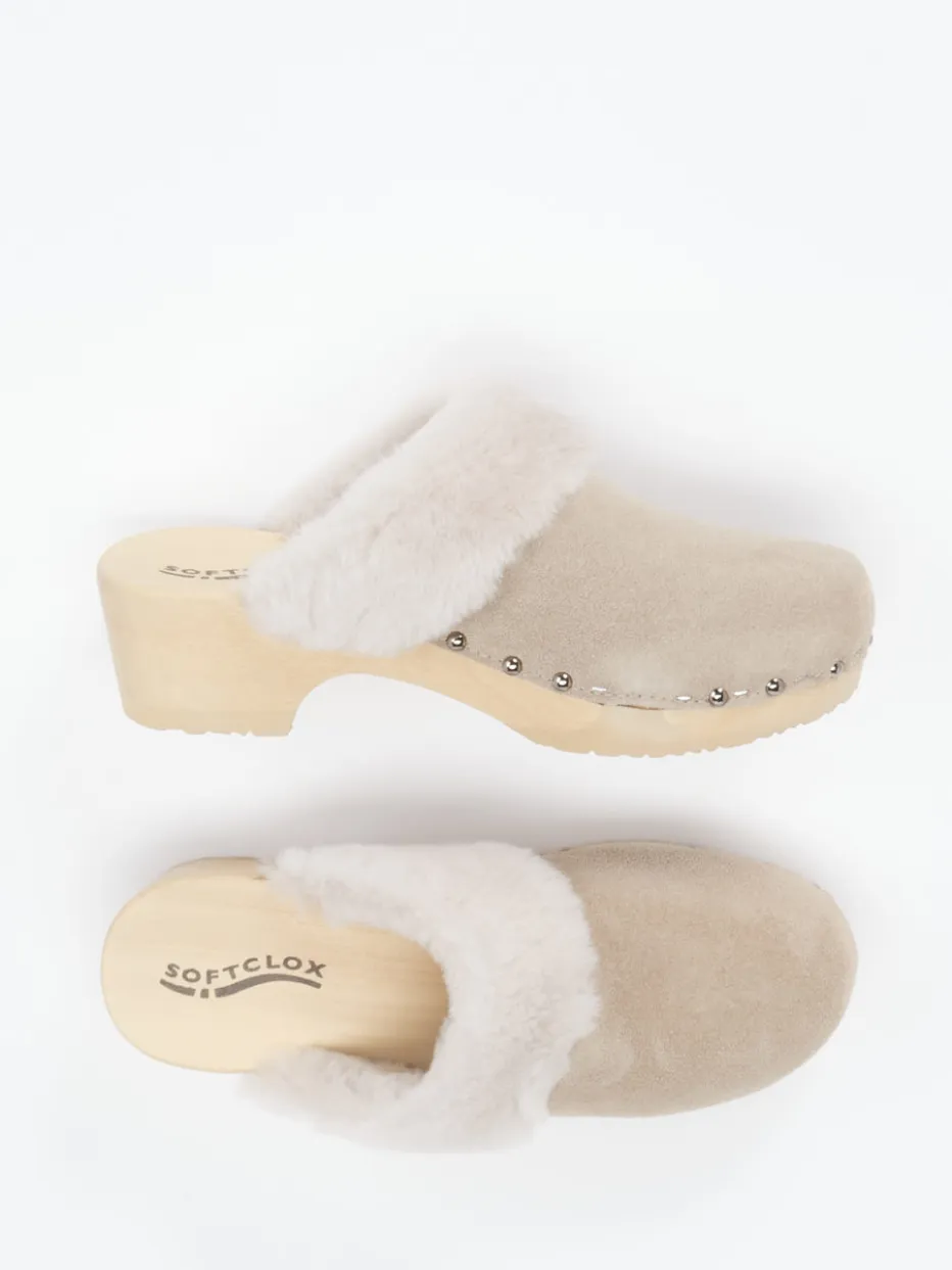 Damen Softclox – Clogs aus Veloursleder mit Lammfellrand