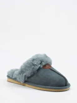 Damen Thies – Lammfell-Pantoffel aus Veloursleder blaugrau