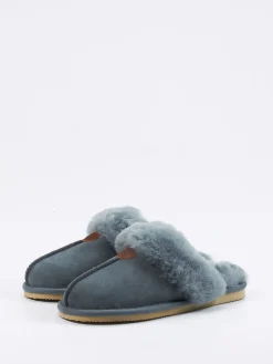 Damen Thies – Lammfell-Pantoffel aus Veloursleder blaugrau